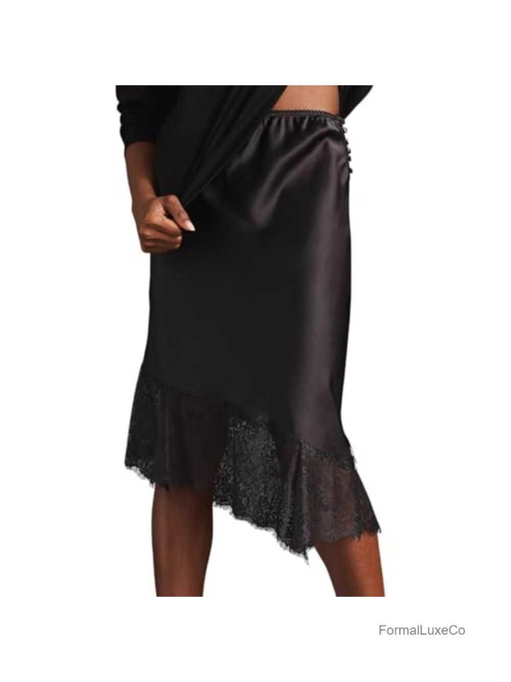Lace Trim Satin Asymmetrical Midi Skirt Elegant Elastic Waist A Line
